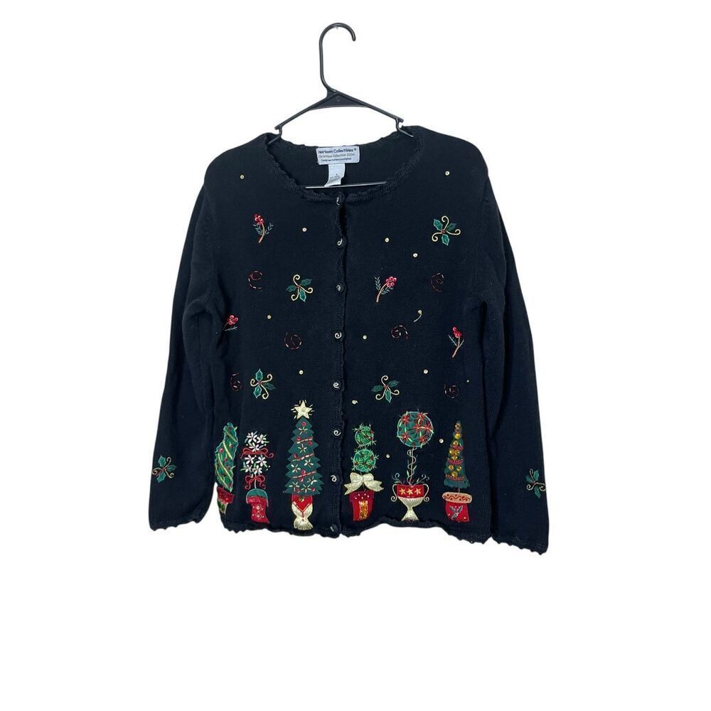 Vintage Heirloom Collectibles Christmas Sweater Black Embellished‎ Trees Size S